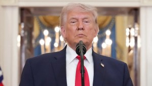 President Donald Trump pauses as he finishes speaking about the Iran war from the Cross Hall of the White House on Wednesday, April 1, 2026, in Washington