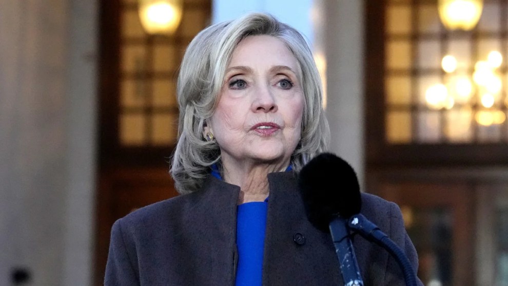 Former U.S. Secretary of State Hillary Clinton speaks to the press after testifying in a closed-door deposition with the House Oversight Committee at the Chappaqua Performing Arts Center on February 26, 2026 in Chappaqua, New York. (David Dee Delgado/Getty Images)