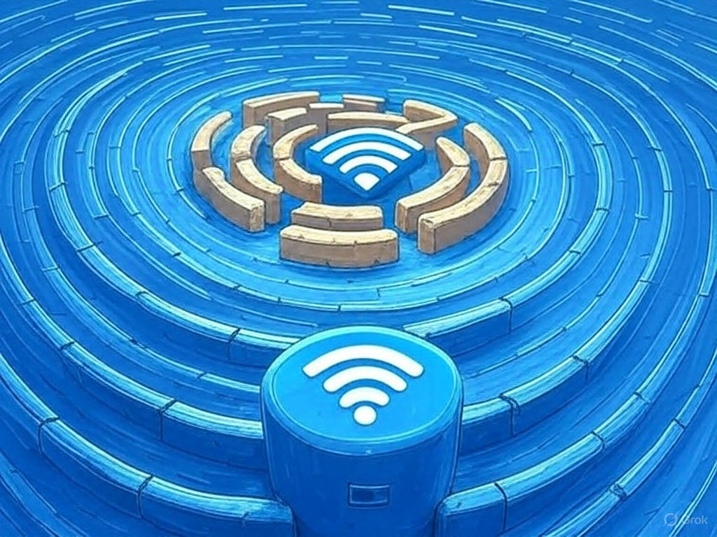 A digital illustration of a blue maze with a central Wi-Fi icon, surrounded by signposts labeled "Bundle Deals," "Promotional Traps," "Hidden Fees," and "Low-Income Programs," guiding towards a clear path marked by an internet icon, symbolizing smart choices with Spectrum Internet prices.