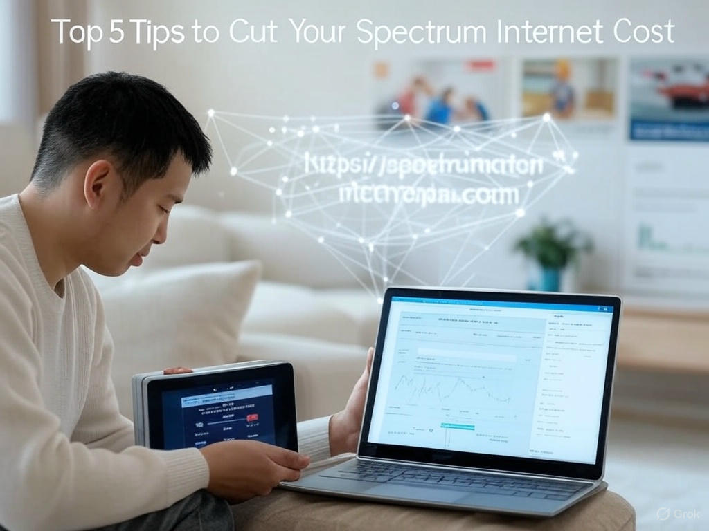 Person with laptop and tablet showing digital network lines and text "Top 5 Tips to Cut Your Spectrum Internet Cost.