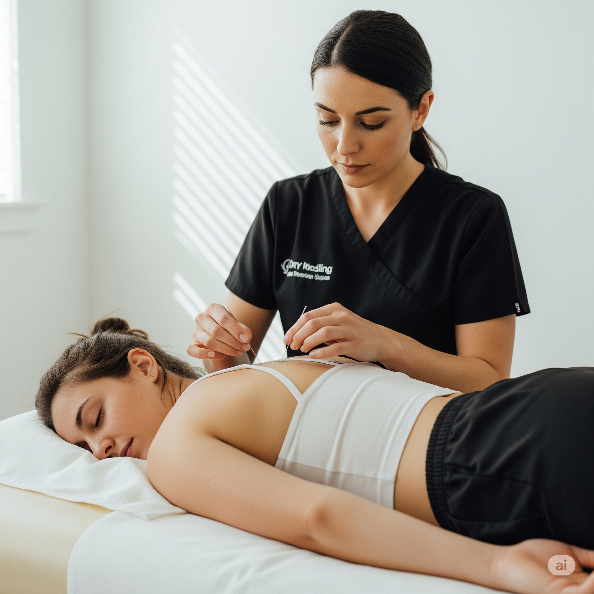 A female physical therapist performs dry needling on a female patient's upper back, targeting muscle trigger points for pain relief and improved mobility. The patient is lying relaxed on a treatment table.